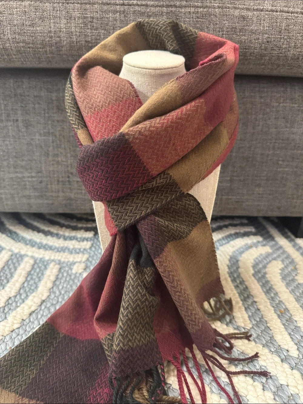 Vintage 100% Cashmere Scarf Made in Scotland Plaid Burgundy Brown Fringe Unisex
